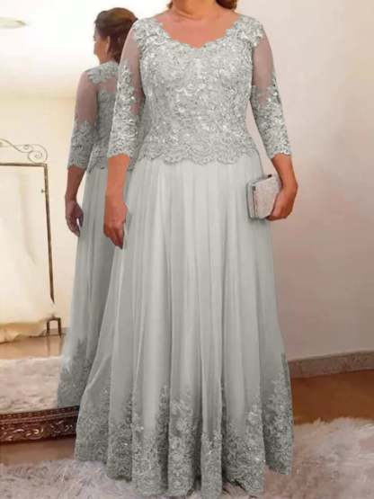 Floor-Length A-Line Mother of the Bride Dress with Sheer Neck and 3/4 Sleeves Featuring Applique