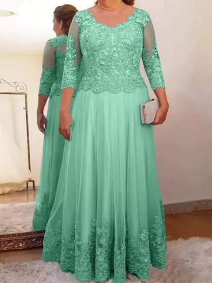 Floor-Length A-Line Mother of the Bride Dress with Sheer Neck and 3/4 Sleeves Featuring Applique