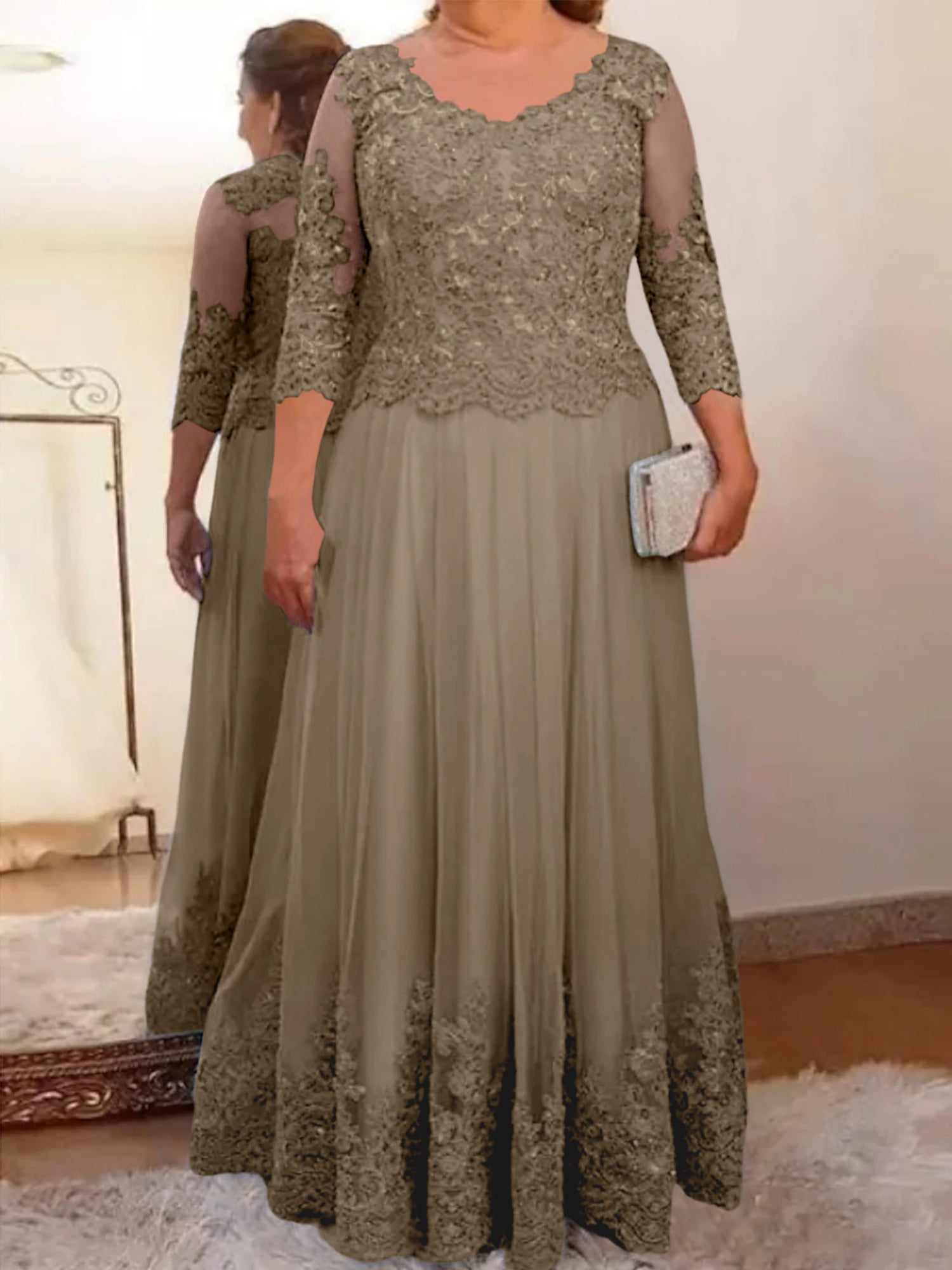 Floor-Length A-Line Mother of the Bride Dress with Sheer Neck and 3/4 Sleeves Featuring Applique
