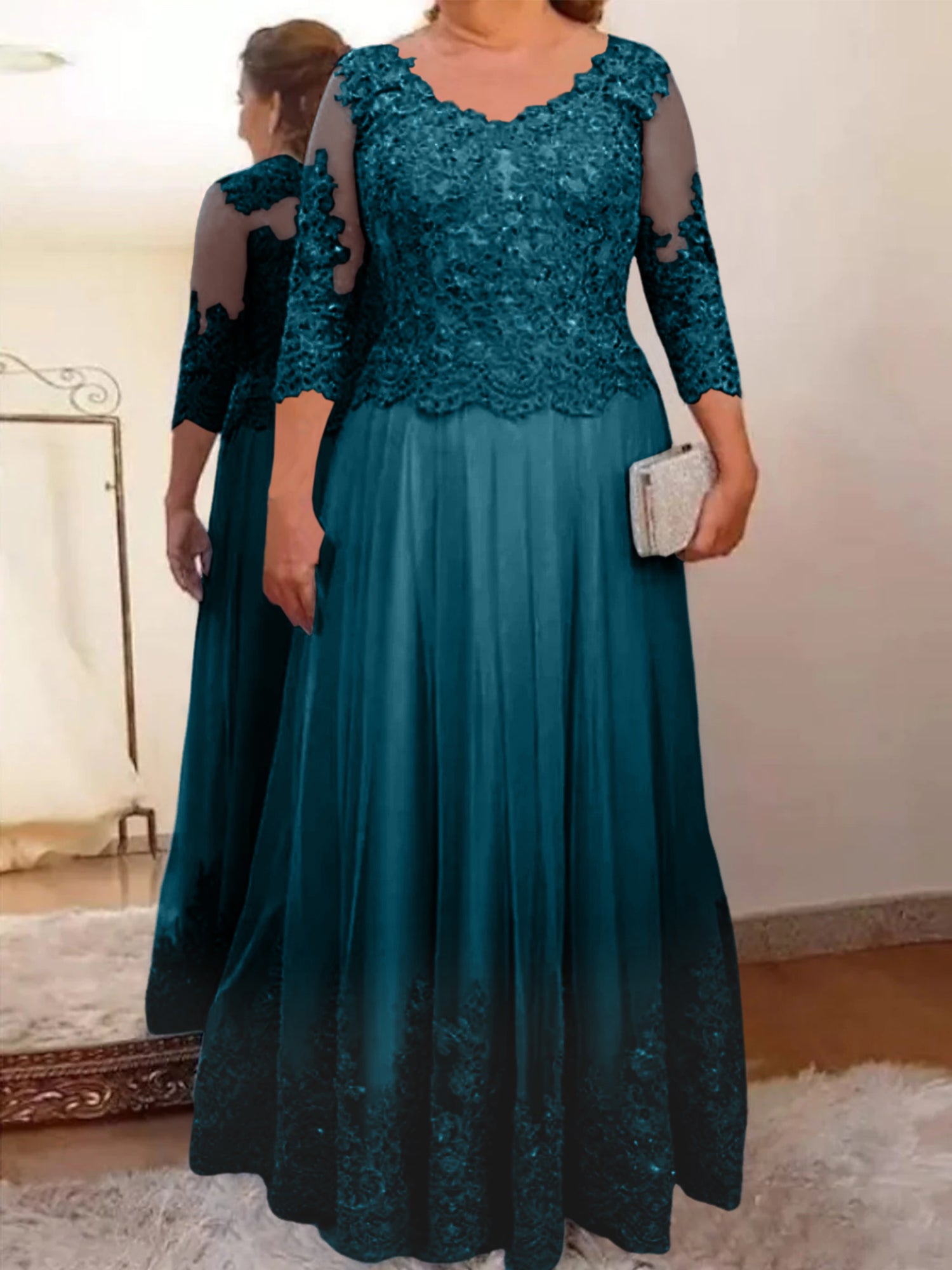 Floor-Length A-Line Mother of the Bride Dress with Sheer Neck and 3/4 Sleeves Featuring Applique