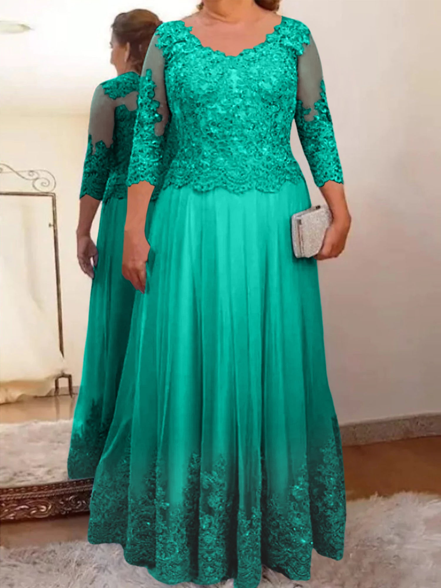 Floor-Length A-Line Mother of the Bride Dress with Sheer Neck and 3/4 Sleeves Featuring Applique