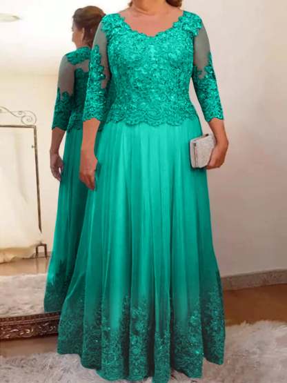Floor-Length A-Line Mother of the Bride Dress with Sheer Neck and 3/4 Sleeves Featuring Applique