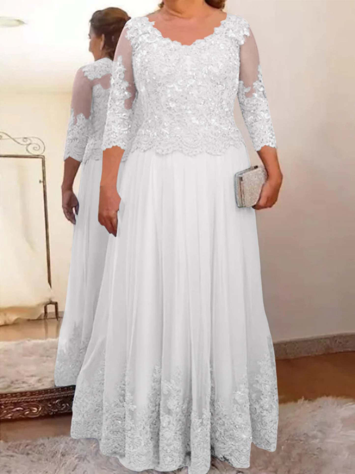 Floor-Length A-Line Mother of the Bride Dress with Sheer Neck and 3/4 Sleeves Featuring Applique