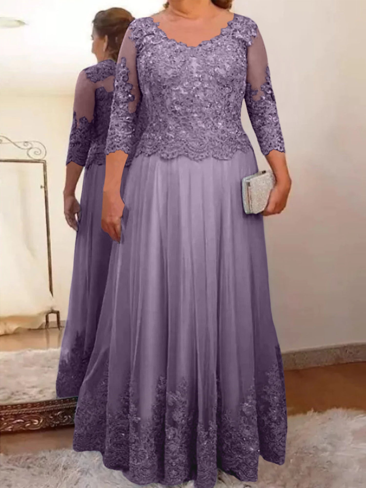 Floor-Length A-Line Mother of the Bride Dress with Sheer Neck and 3/4 Sleeves Featuring Applique