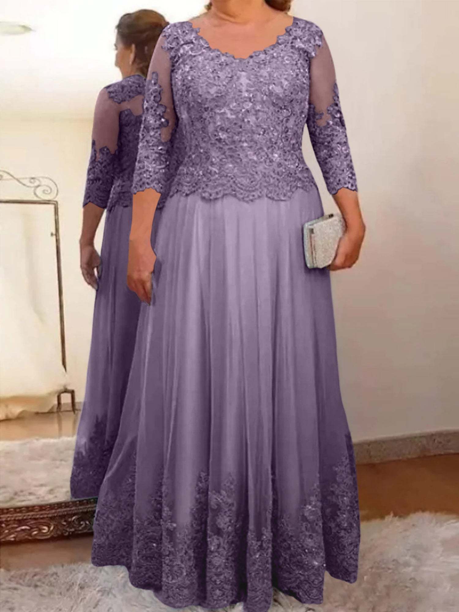Floor-Length A-Line Mother of the Bride Dress with Sheer Neck and 3/4 Sleeves Featuring Applique