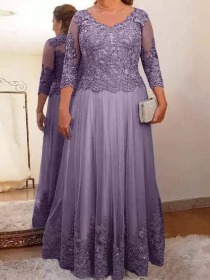 Floor-Length A-Line Mother of the Bride Dress with Sheer Neck and 3/4 Sleeves Featuring Applique