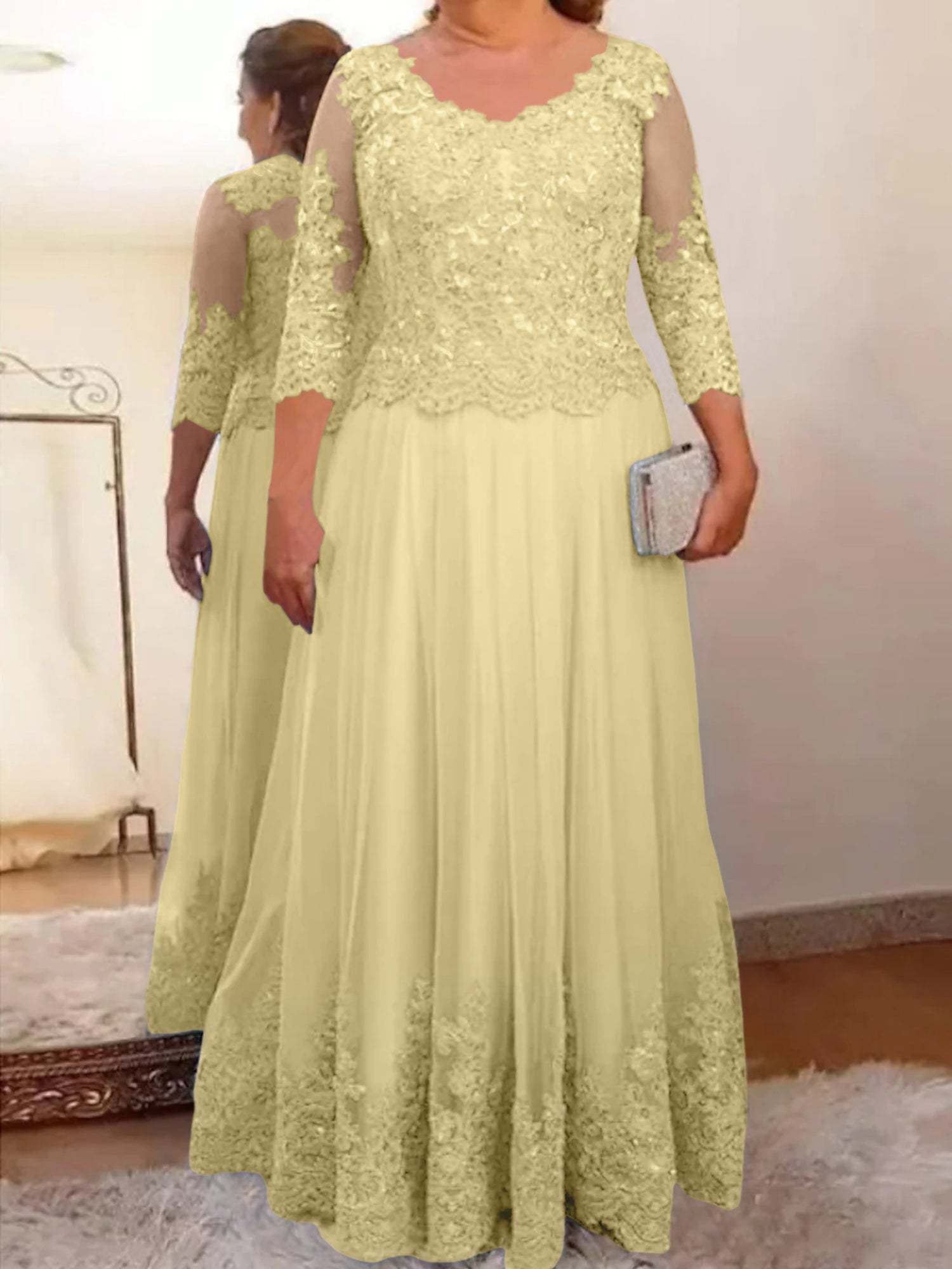 Floor-Length A-Line Mother of the Bride Dress with Sheer Neck and 3/4 Sleeves Featuring Applique