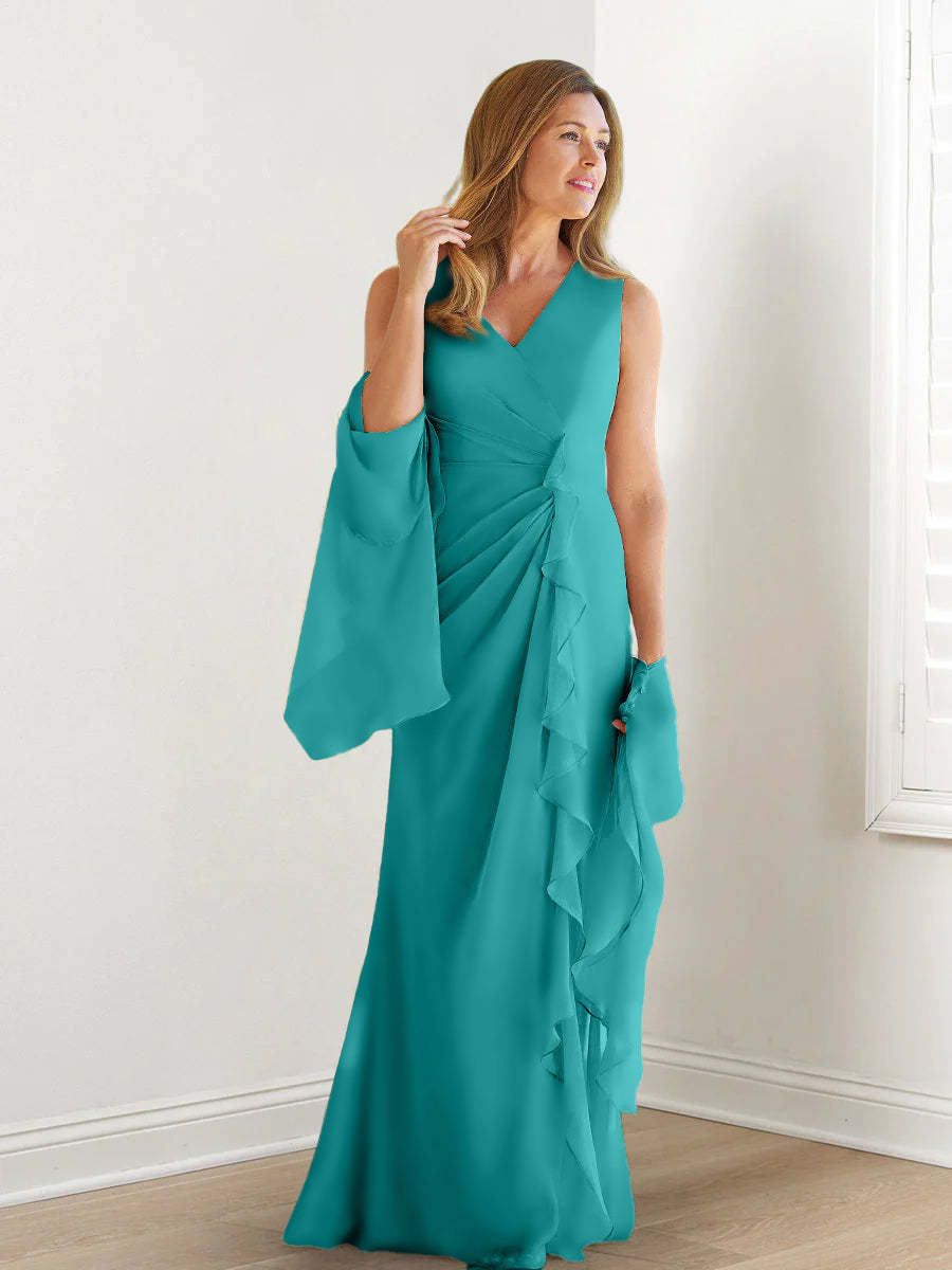 V-Neck Sleeveless Floor-Length Mother of the Bride Gown with Wraps & Ruffles