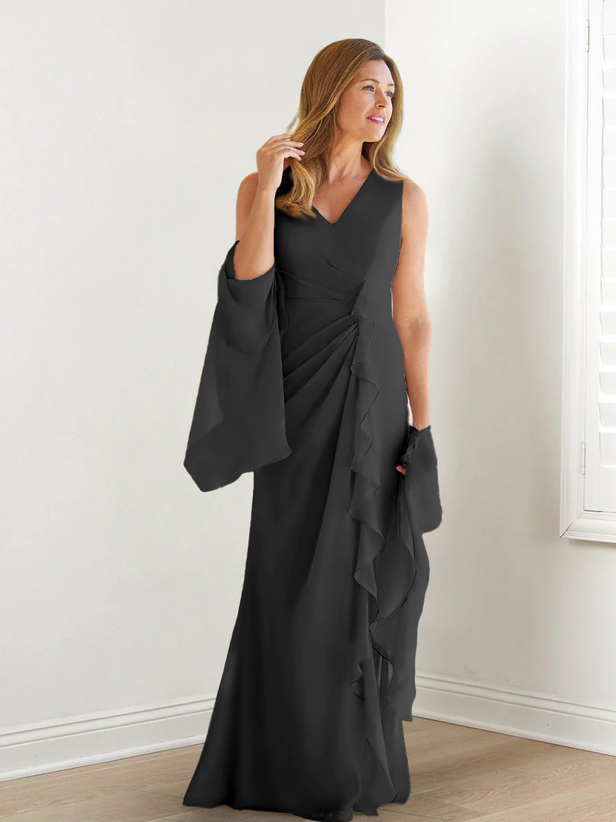 V-Neck Sleeveless Floor-Length Mother of the Bride Gown with Wraps & Ruffles