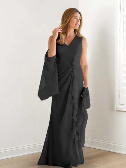 V-Neck Sleeveless Floor-Length Mother of the Bride Gown with Wraps & Ruffles