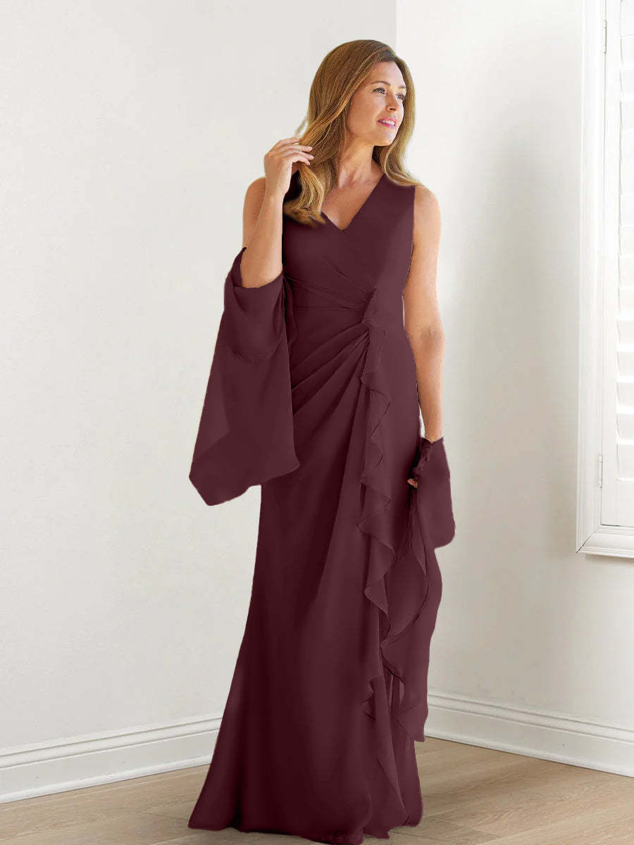 V-Neck Sleeveless Floor-Length Mother of the Bride Gown with Wraps & Ruffles
