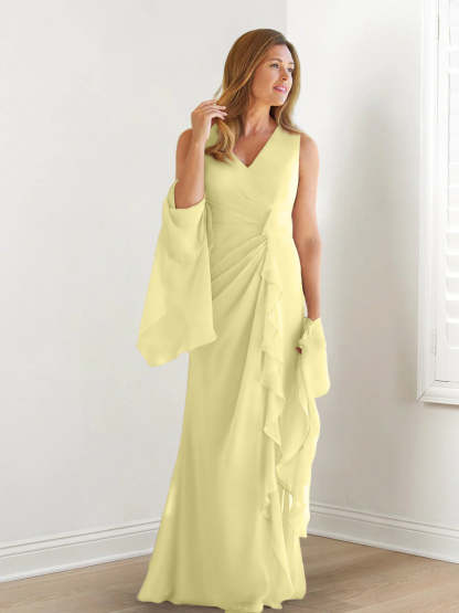 V-Neck Sleeveless Floor-Length Mother of the Bride Gown with Wraps & Ruffles