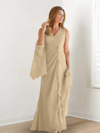 V-Neck Sleeveless Floor-Length Mother of the Bride Gown with Wraps & Ruffles