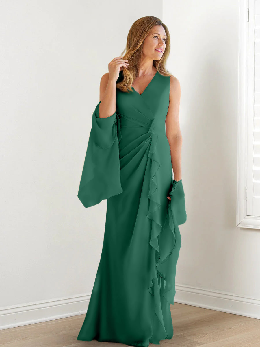 V-Neck Sleeveless Floor-Length Mother of the Bride Gown with Wraps & Ruffles