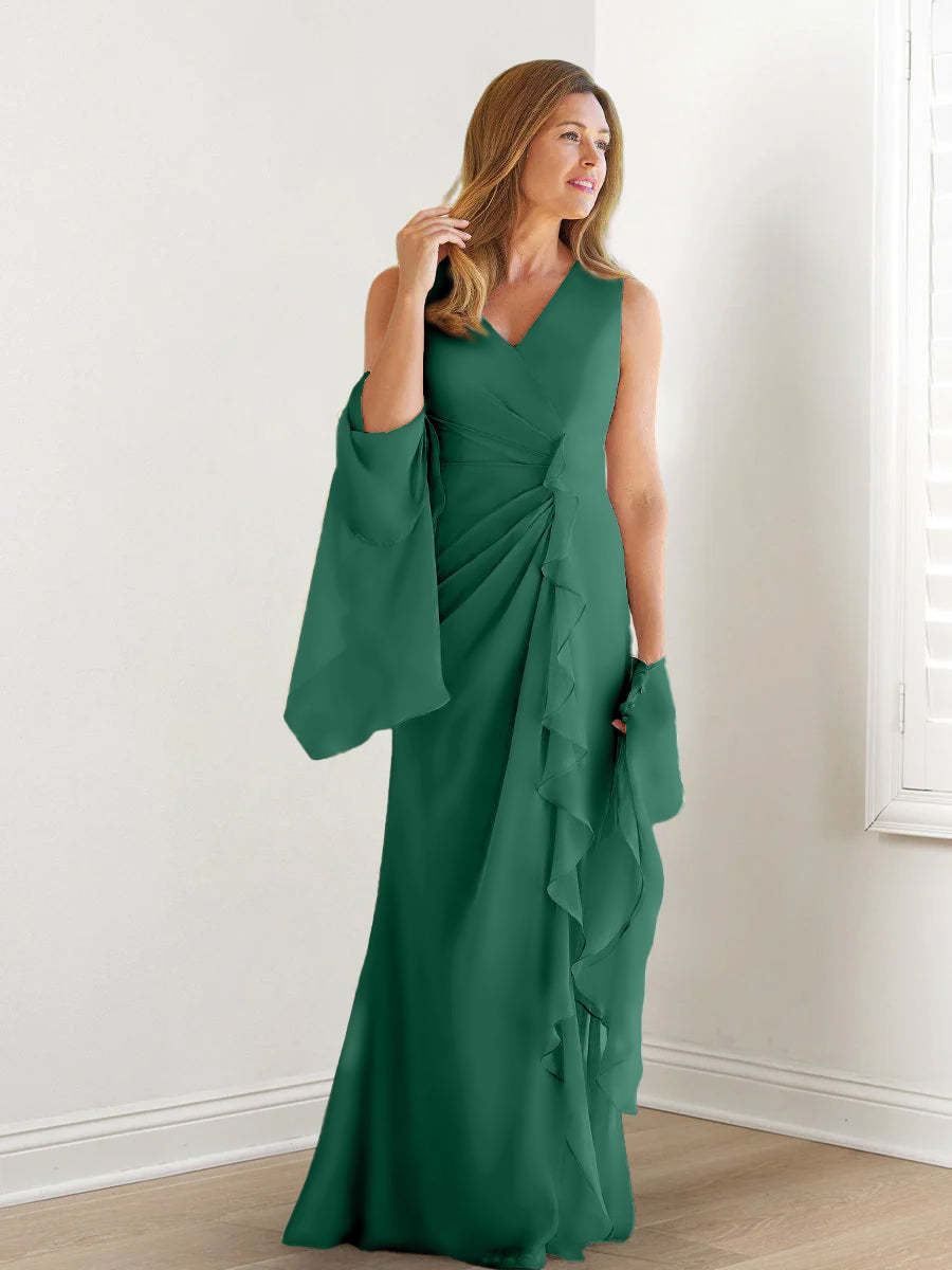 V-Neck Sleeveless Floor-Length Mother of the Bride Gown with Wraps & Ruffles