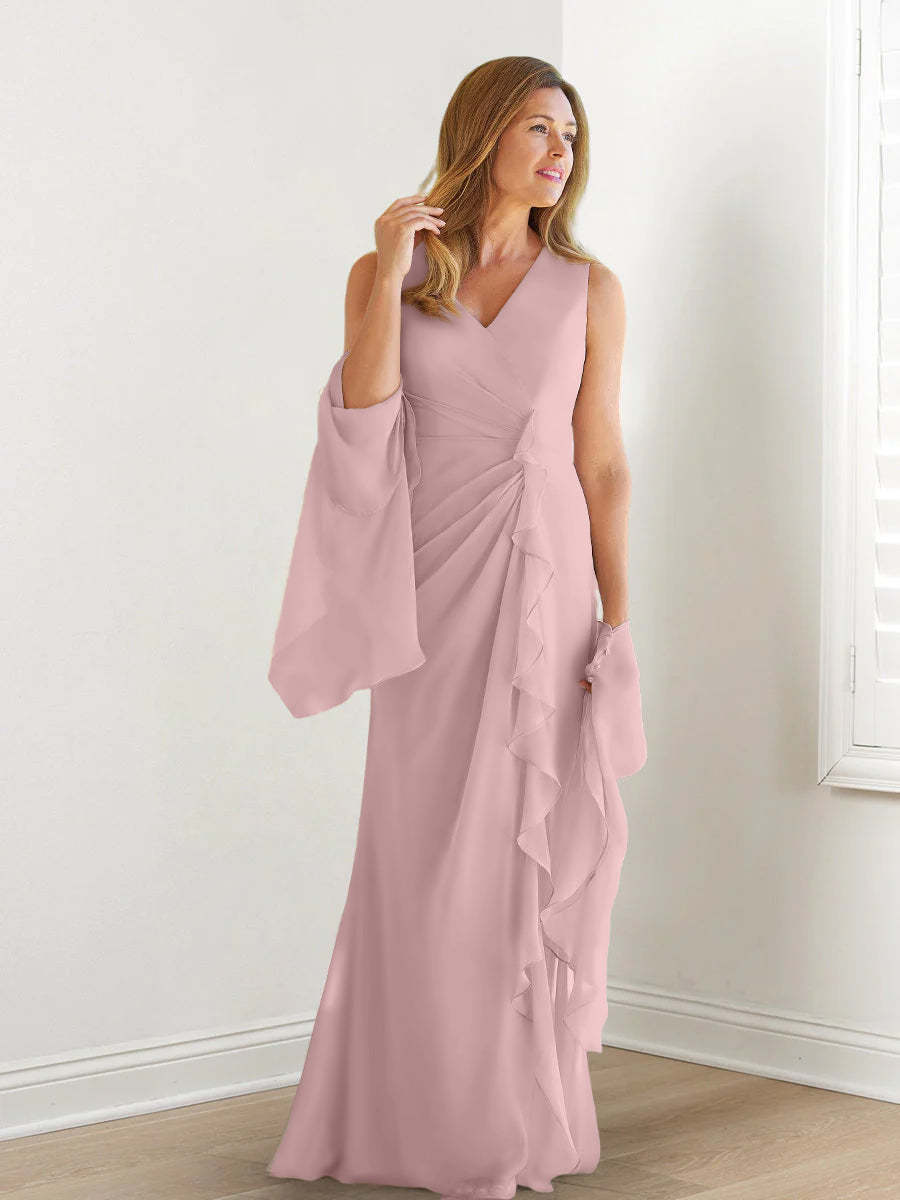 V-Neck Sleeveless Floor-Length Mother of the Bride Gown with Wraps & Ruffles