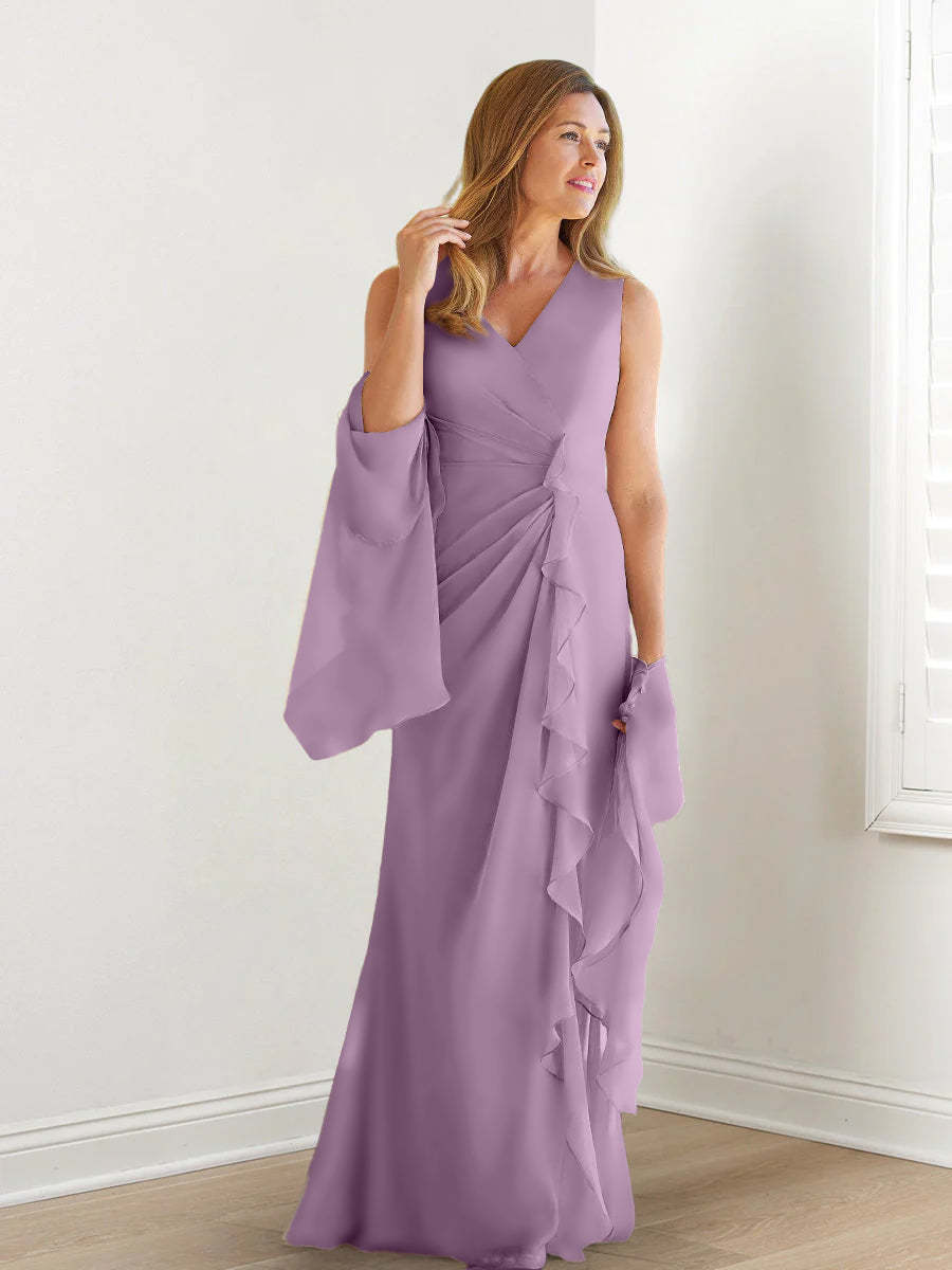 V-Neck Sleeveless Floor-Length Mother of the Bride Gown with Wraps & Ruffles