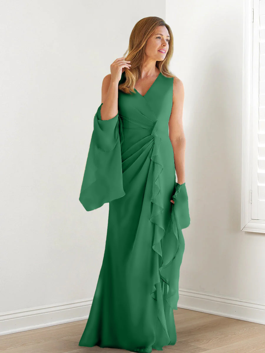V-Neck Sleeveless Floor-Length Mother of the Bride Gown with Wraps & Ruffles