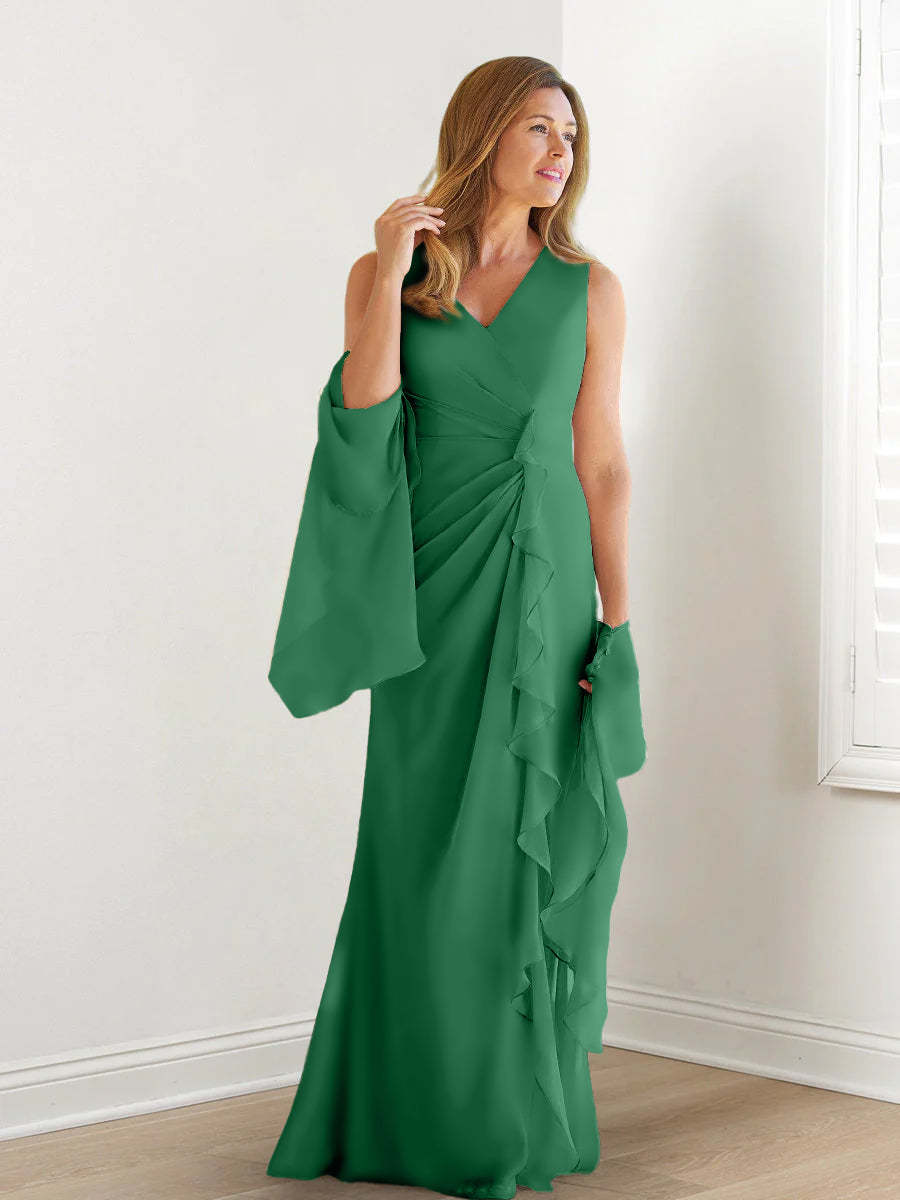 V-Neck Sleeveless Floor-Length Mother of the Bride Gown with Wraps & Ruffles