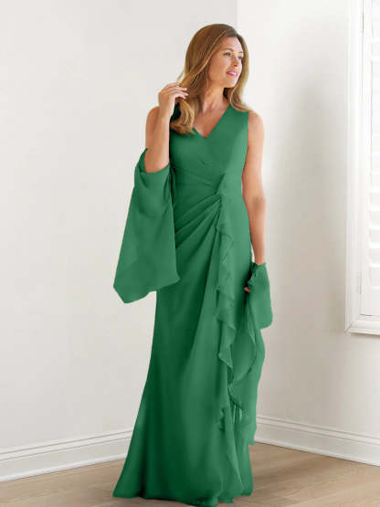 V-Neck Sleeveless Floor-Length Mother of the Bride Gown with Wraps & Ruffles
