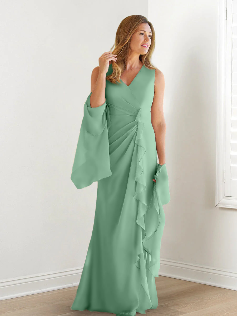V-Neck Sleeveless Floor-Length Mother of the Bride Gown with Wraps & Ruffles