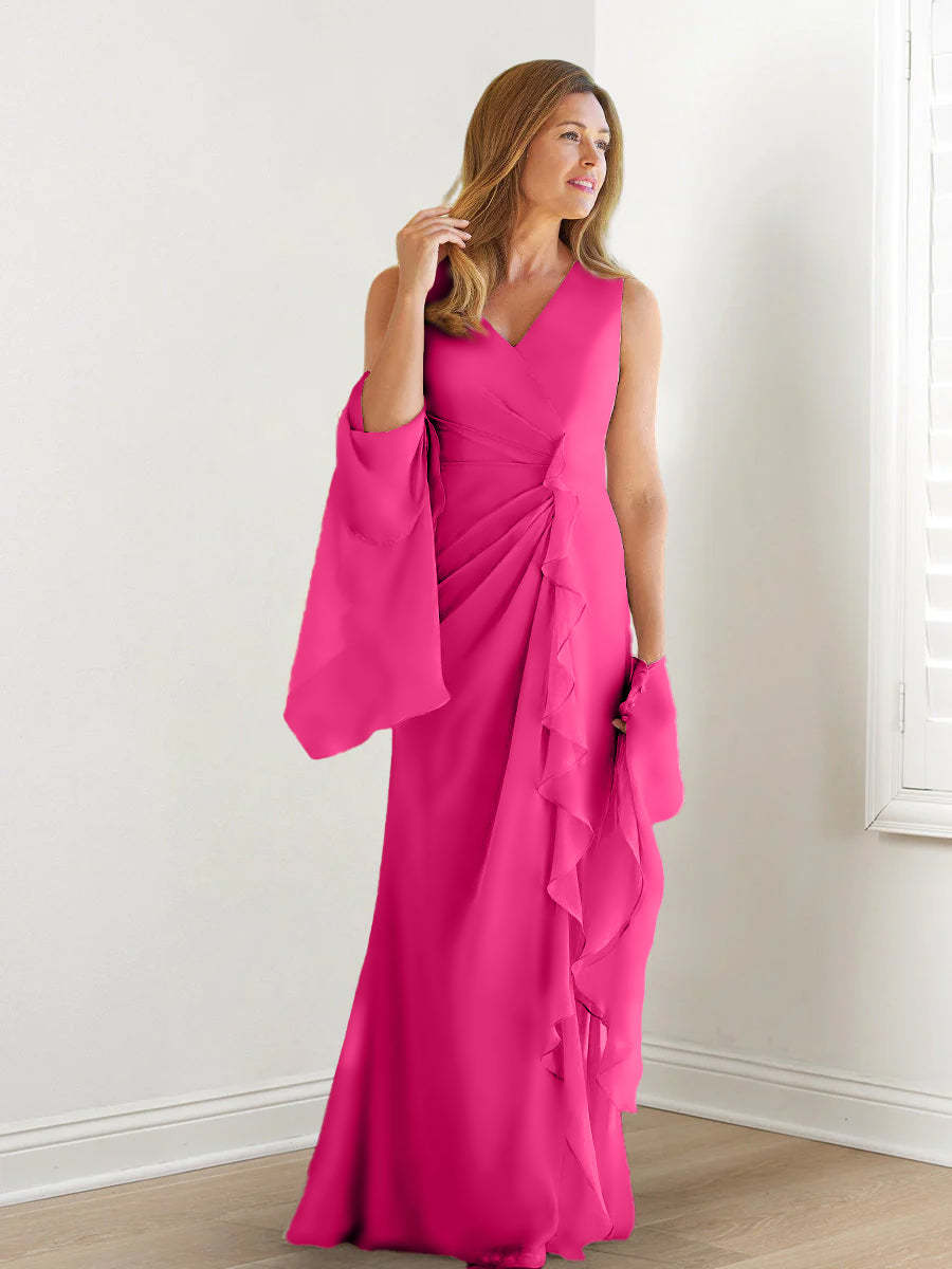 V-Neck Sleeveless Floor-Length Mother of the Bride Gown with Wraps & Ruffles