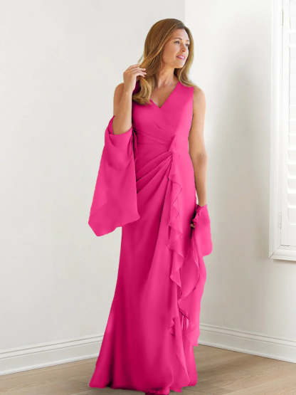 V-Neck Sleeveless Floor-Length Mother of the Bride Gown with Wraps & Ruffles