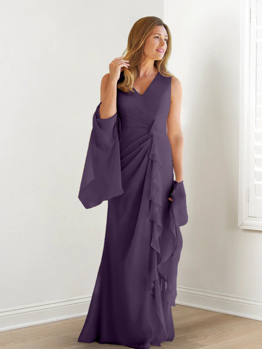V-Neck Sleeveless Floor-Length Mother of the Bride Gown with Wraps & Ruffles