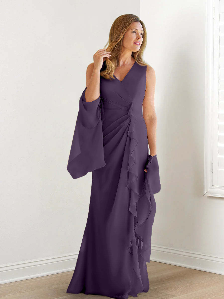 V-Neck Sleeveless Floor-Length Mother of the Bride Gown with Wraps & Ruffles