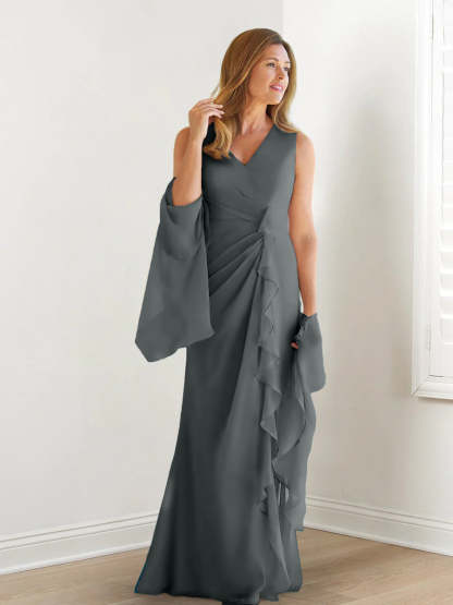 V-Neck Sleeveless Floor-Length Mother of the Bride Gown with Wraps & Ruffles