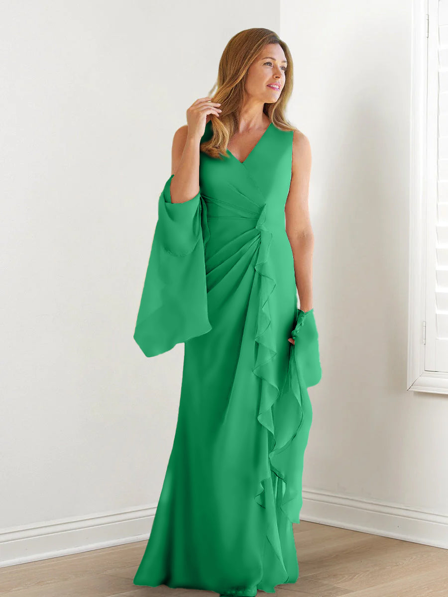 V-Neck Sleeveless Floor-Length Mother of the Bride Gown with Wraps & Ruffles