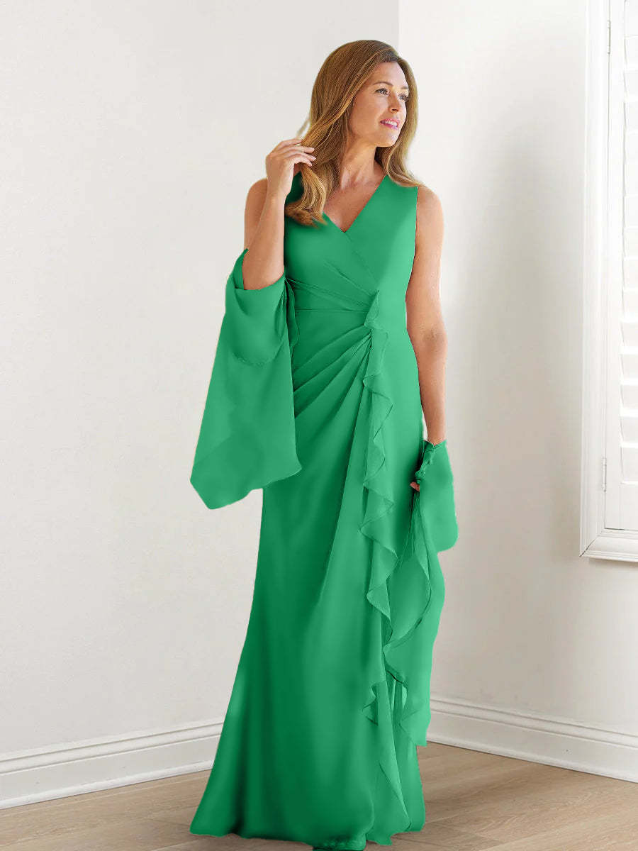 V-Neck Sleeveless Floor-Length Mother of the Bride Gown with Wraps & Ruffles