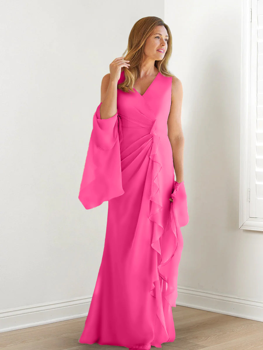 V-Neck Sleeveless Floor-Length Mother of the Bride Gown with Wraps & Ruffles