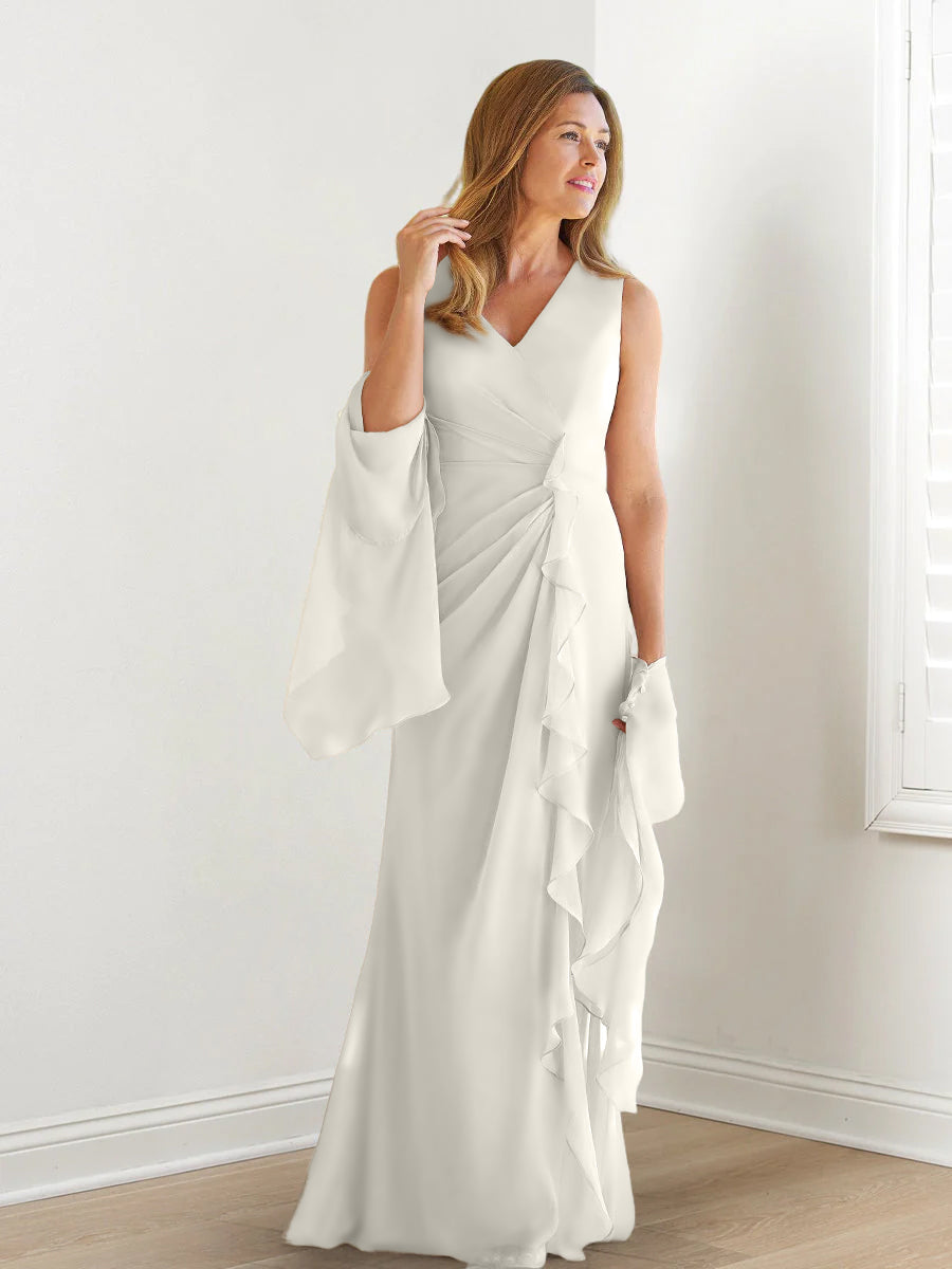 V-Neck Sleeveless Floor-Length Mother of the Bride Gown with Wraps & Ruffles