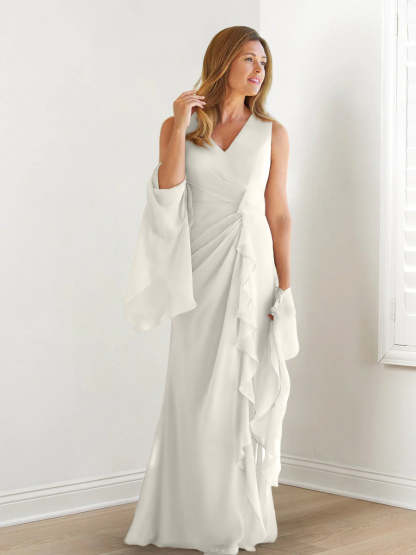 V-Neck Sleeveless Floor-Length Mother of the Bride Gown with Wraps & Ruffles