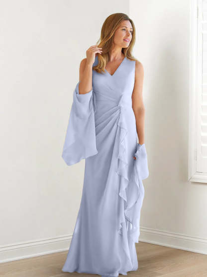 V-Neck Sleeveless Floor-Length Mother of the Bride Gown with Wraps & Ruffles