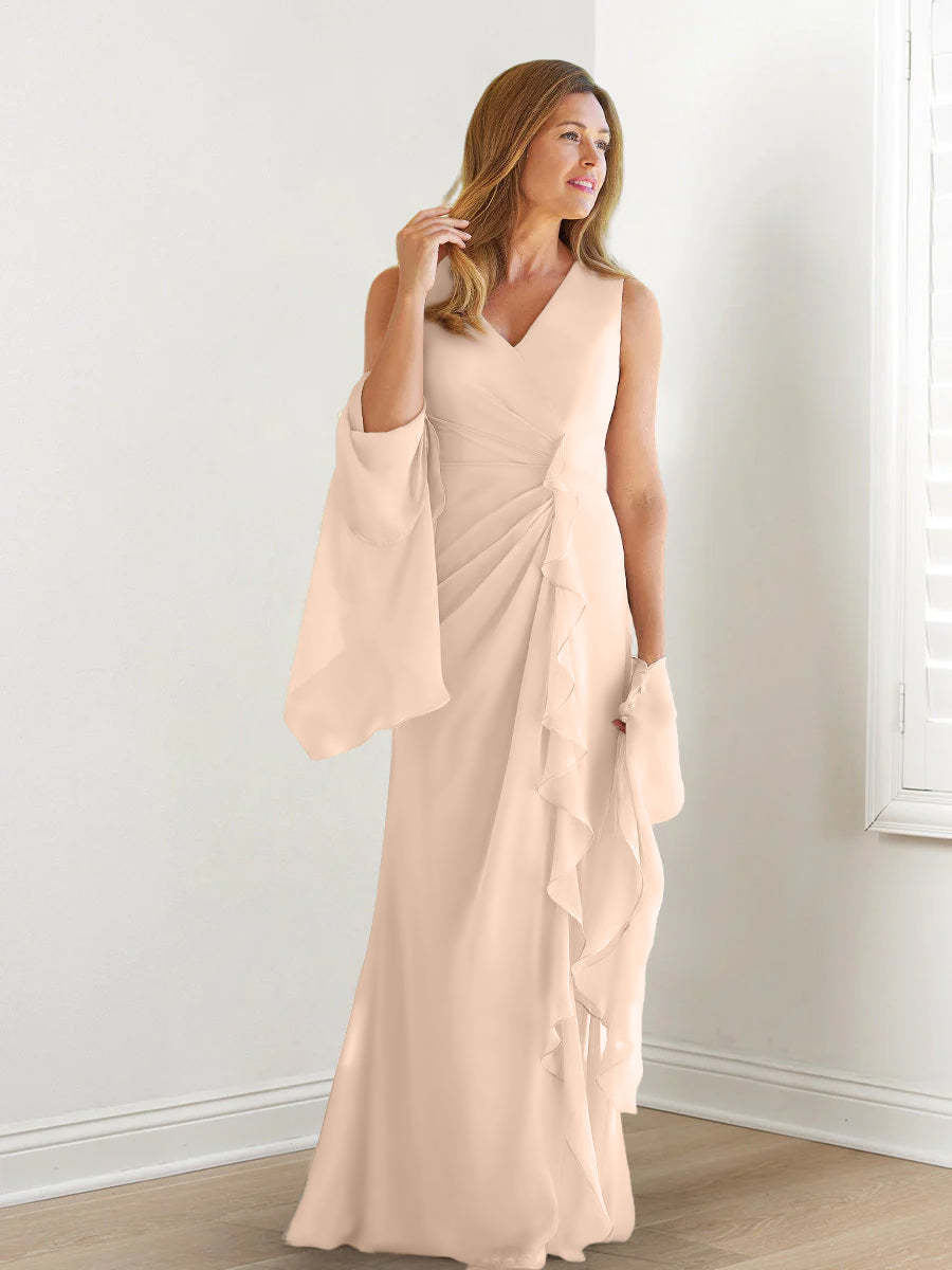 V-Neck Sleeveless Floor-Length Mother of the Bride Gown with Wraps & Ruffles