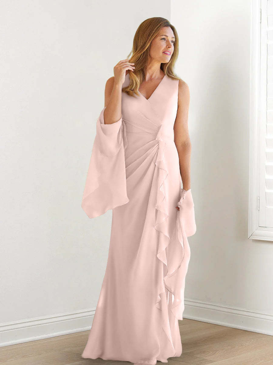 V-Neck Sleeveless Floor-Length Mother of the Bride Gown with Wraps & Ruffles