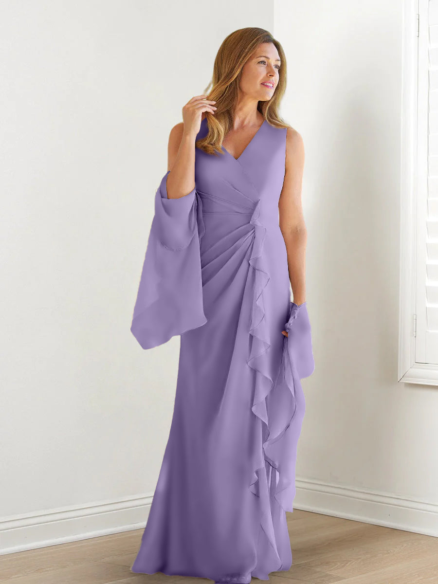 V-Neck Sleeveless Floor-Length Mother of the Bride Gown with Wraps & Ruffles