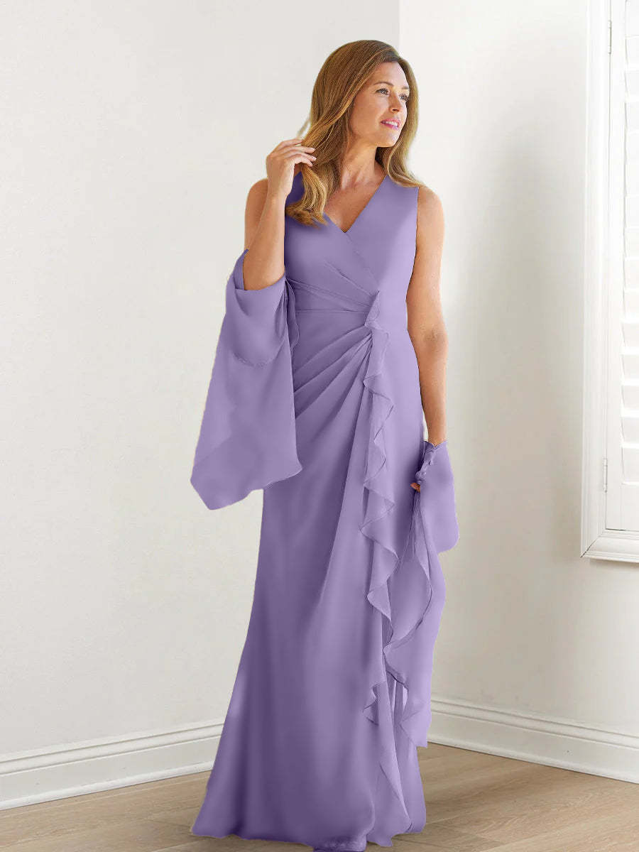 V-Neck Sleeveless Floor-Length Mother of the Bride Gown with Wraps & Ruffles