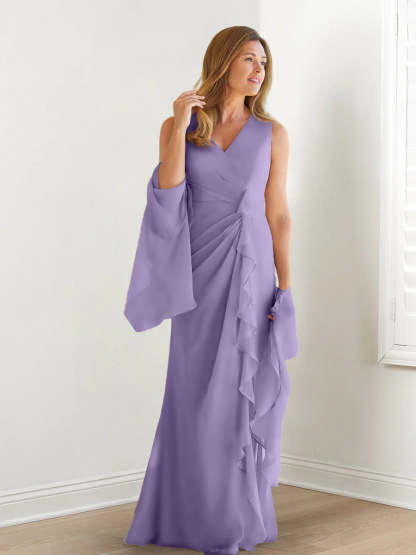 V-Neck Sleeveless Floor-Length Mother of the Bride Gown with Wraps & Ruffles