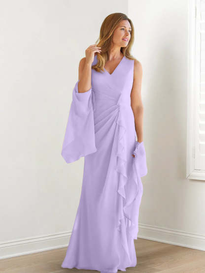 V-Neck Sleeveless Floor-Length Mother of the Bride Gown with Wraps & Ruffles