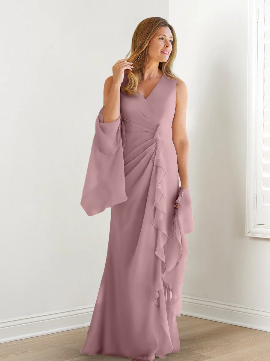 V-Neck Sleeveless Floor-Length Mother of the Bride Gown with Wraps & Ruffles