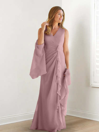 V-Neck Sleeveless Floor-Length Mother of the Bride Gown with Wraps & Ruffles