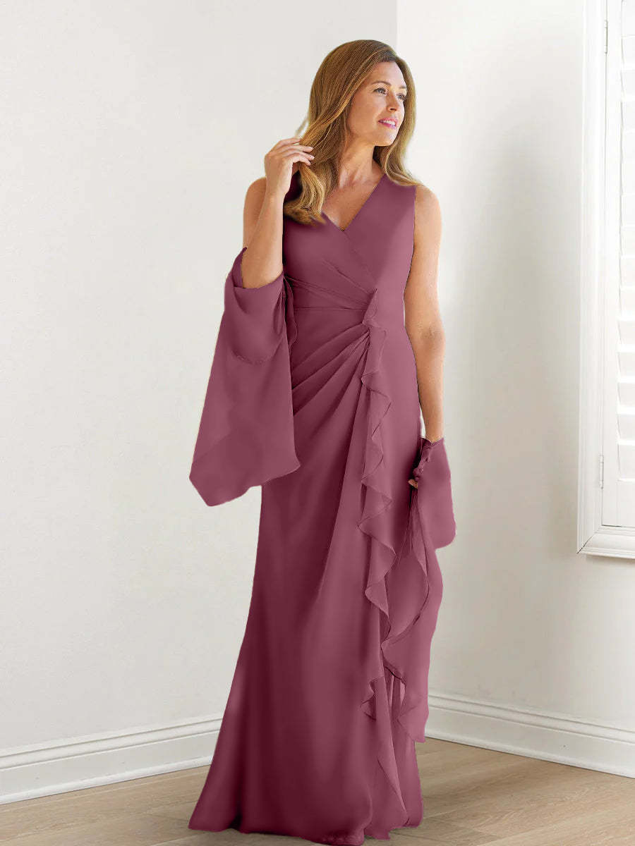 V-Neck Sleeveless Floor-Length Mother of the Bride Gown with Wraps & Ruffles