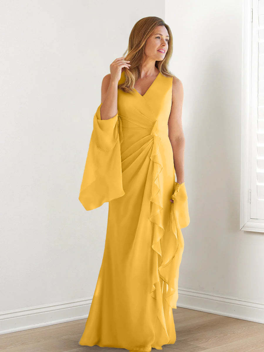 V-Neck Sleeveless Floor-Length Mother of the Bride Gown with Wraps & Ruffles
