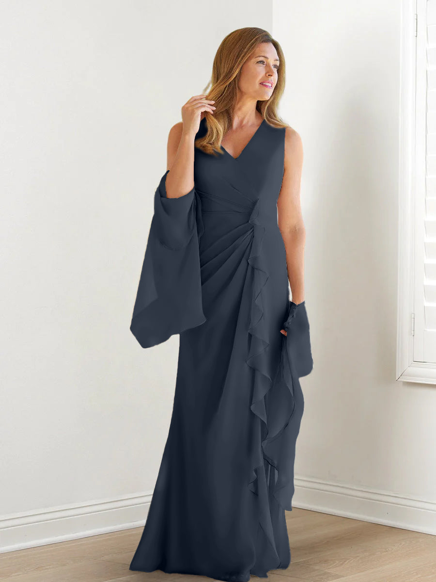 V-Neck Sleeveless Floor-Length Mother of the Bride Gown with Wraps & Ruffles