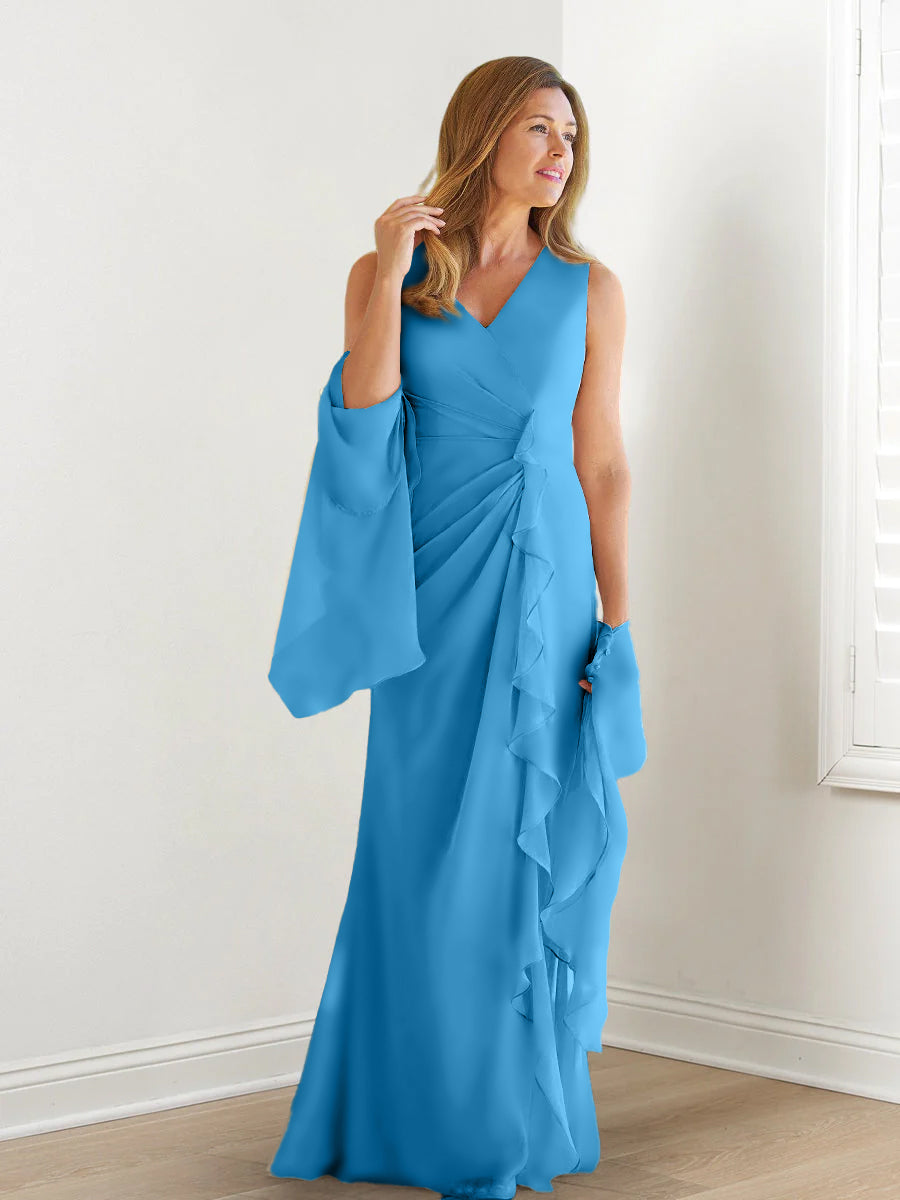 V-Neck Sleeveless Floor-Length Mother of the Bride Gown with Wraps & Ruffles