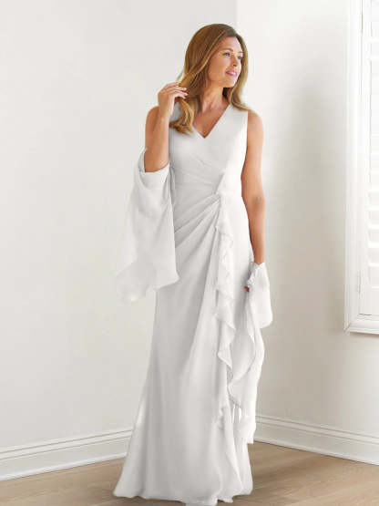 V-Neck Sleeveless Floor-Length Mother of the Bride Gown with Wraps & Ruffles