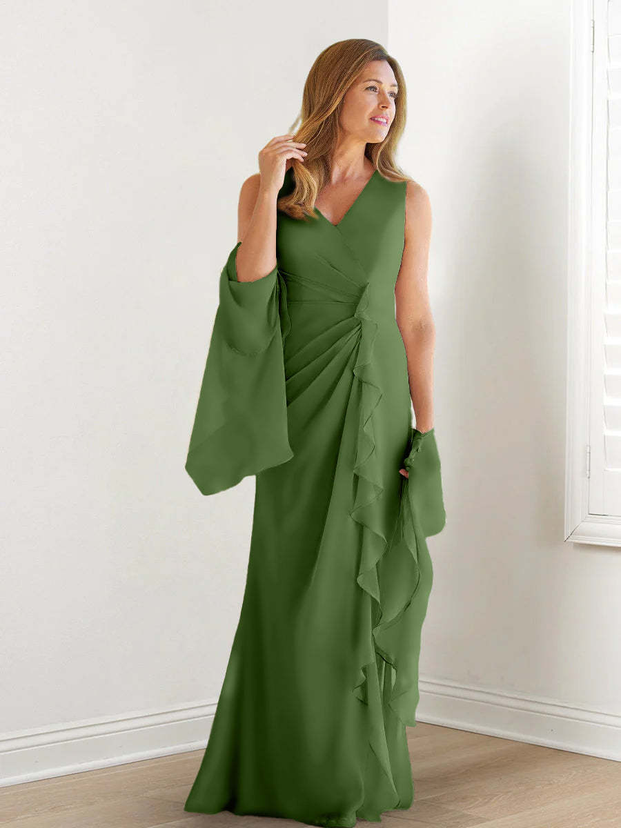 V-Neck Sleeveless Floor-Length Mother of the Bride Gown with Wraps & Ruffles